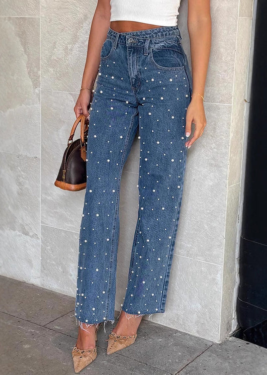 Original Spring Design Denim Bead Blue Nail Pants Pockets