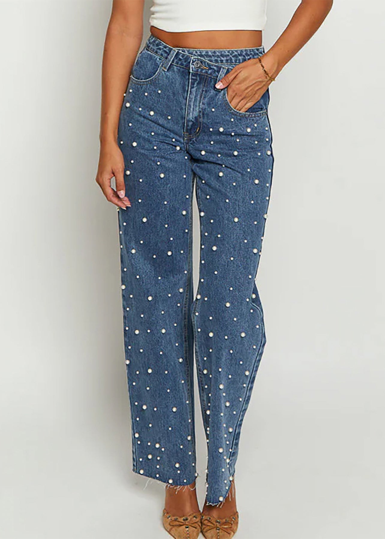 Original Spring Design Denim Bead Blue Nail Pants Pockets