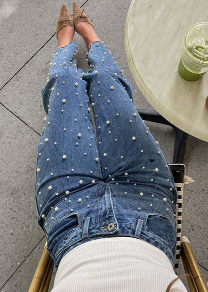 Original Spring Design Denim Bead Blue Nail Pants Pockets