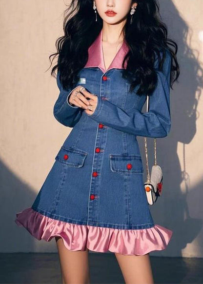 Original Design Blue Fall Wrinkled Denim Dress Mid Patchwork