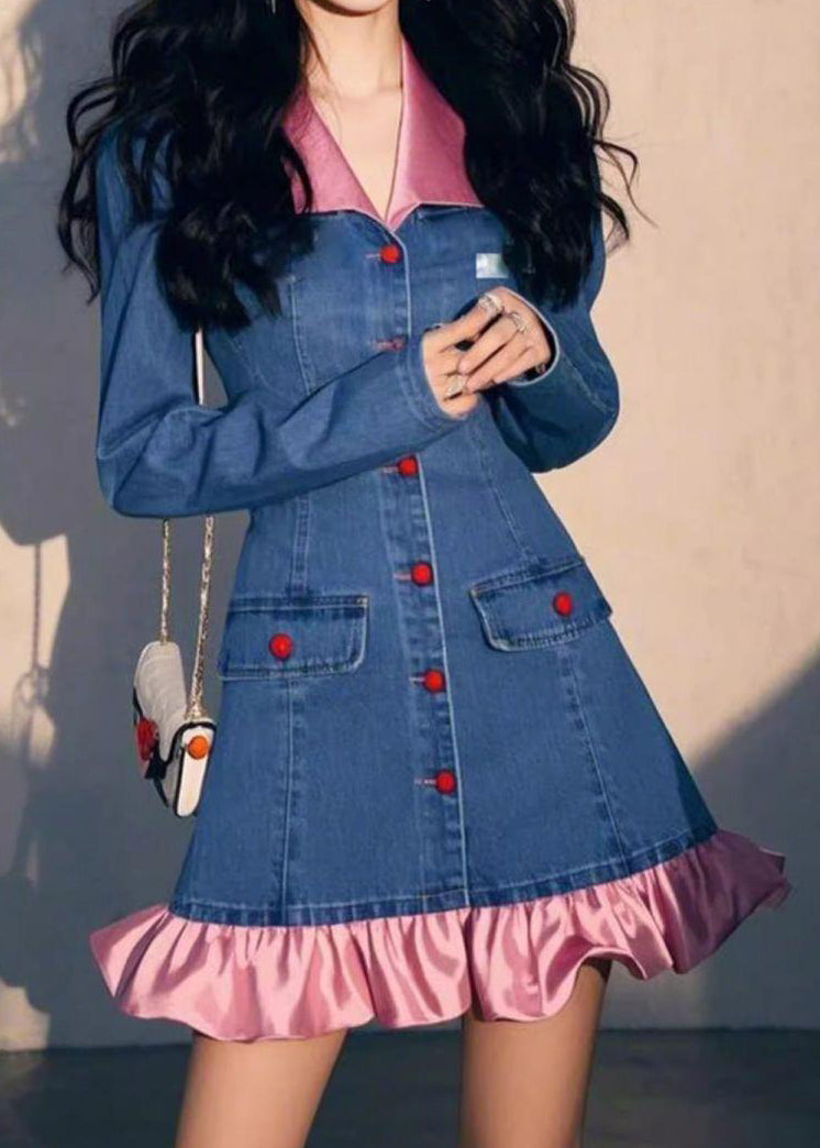 Original Design Blue Fall Wrinkled Denim Dress Mid Patchwork