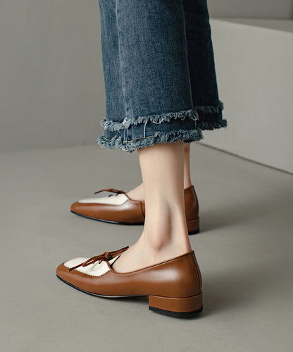 Original Cowhide Splicing Up Flats Leather Design Lace Brown