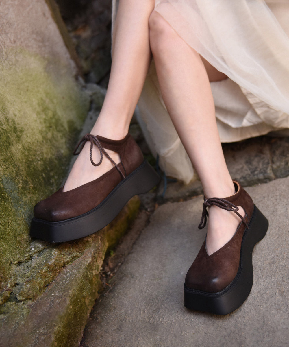 Design Original Platform Coffee Leather Cowhide Lace Shoes Up