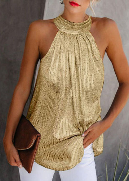 Original Top Gold Wrinkled Design Sleeveless Turtleneck
