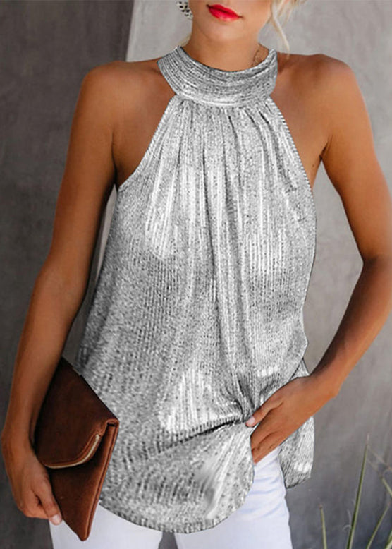Original Top Gold Wrinkled Design Sleeveless Turtleneck
