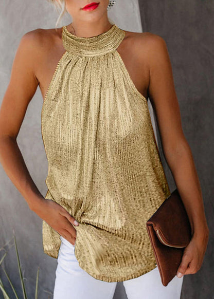 Original Top Gold Wrinkled Design Sleeveless Turtleneck