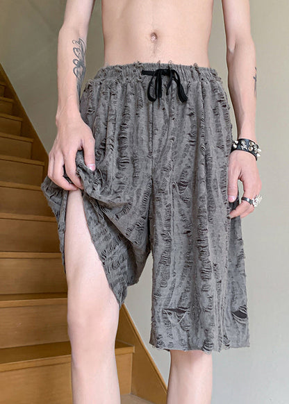 Grey Original Shorts Cotton Summer Mens Hole Elastic Waist Design