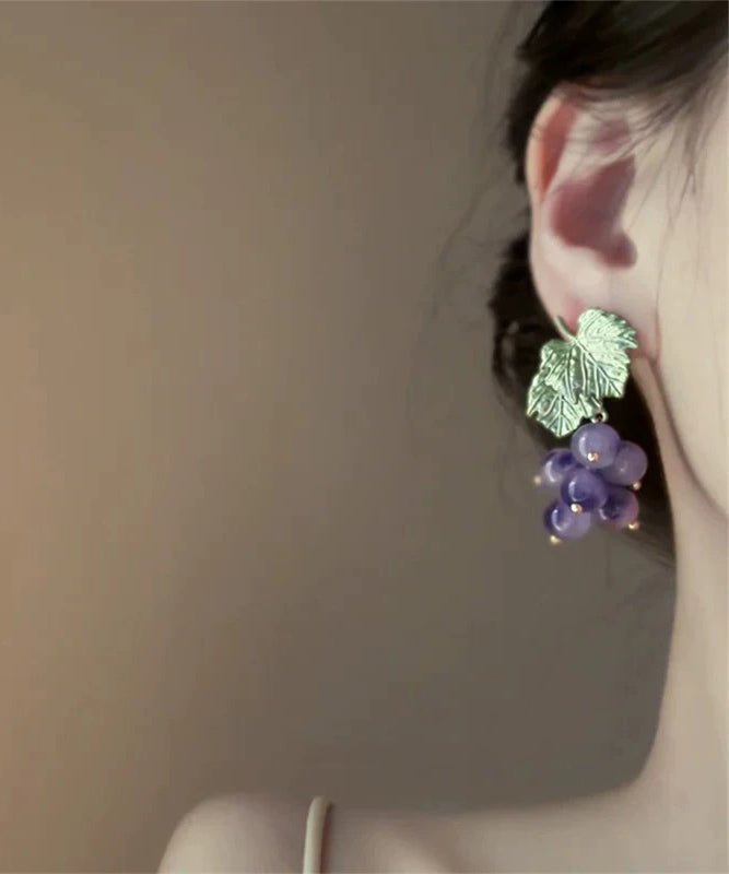 Grape Original Earrings Stud Design Purple Glass Alloy