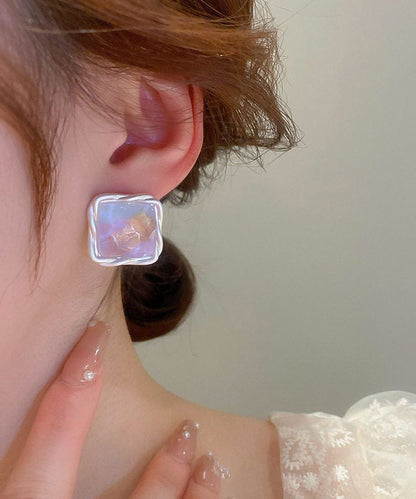 Square Design Original Wrinkled Earrings Alloy Stud Rainbow