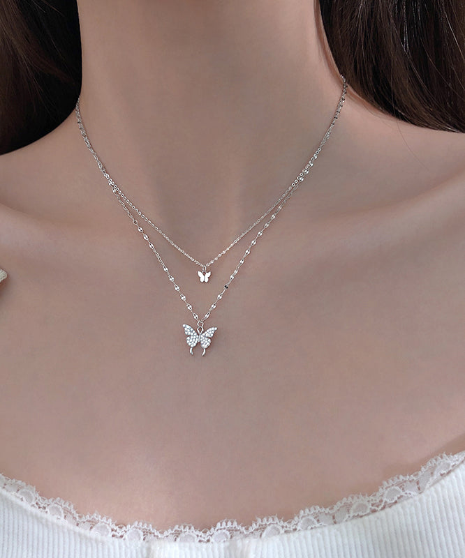 Original Design Silk Sterling Silver Double Layer Butterfly Pendant Necklace ET015