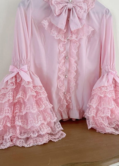 Pink Shirt Design Sleeve Lace Sweet Original Flare Patchwork