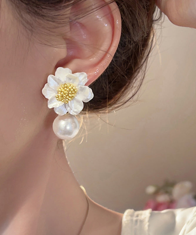 Original Floral Earrings Design Stud Acrylic Alloy White Pearl