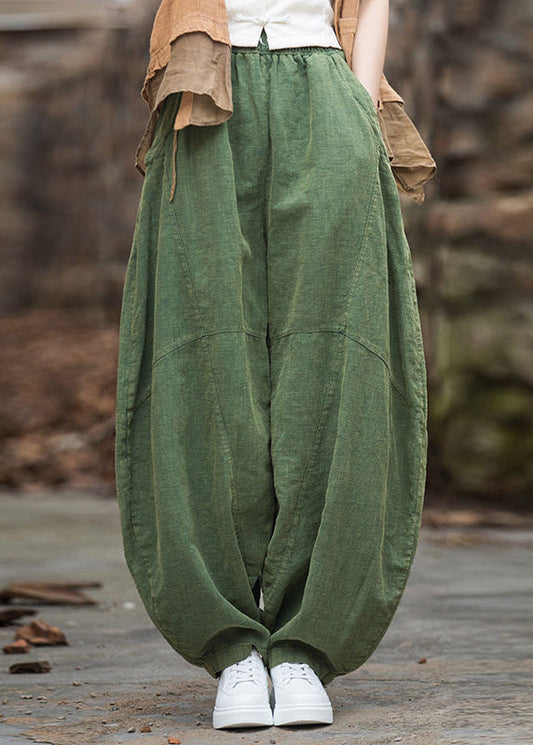 Original Green Pockets Elastic Waist Patchwork Linen Pants Summer LK032