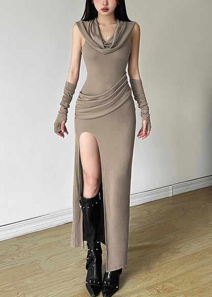 Open Summer Khaki Cotton Hooded Side Wrinkled Original Dress