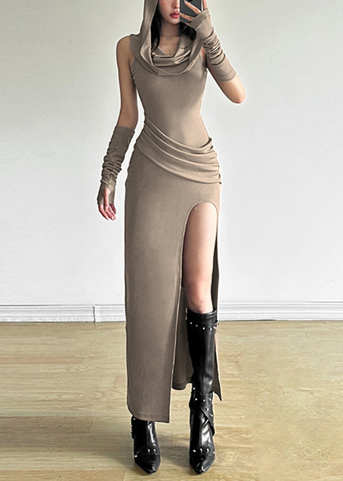 Open Summer Khaki Cotton Hooded Side Wrinkled Original Dress