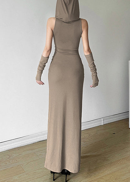 Open Summer Khaki Cotton Hooded Side Wrinkled Original Dress