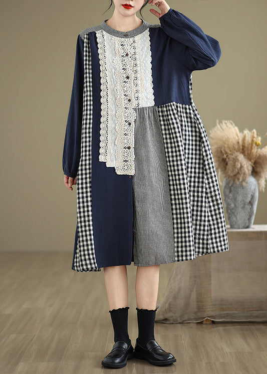 O-Neck Fall Plaid Patchwork Original Dresses Long Lace