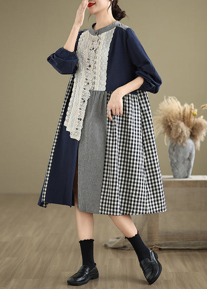 O-Neck Fall Plaid Patchwork Original Dresses Long Lace