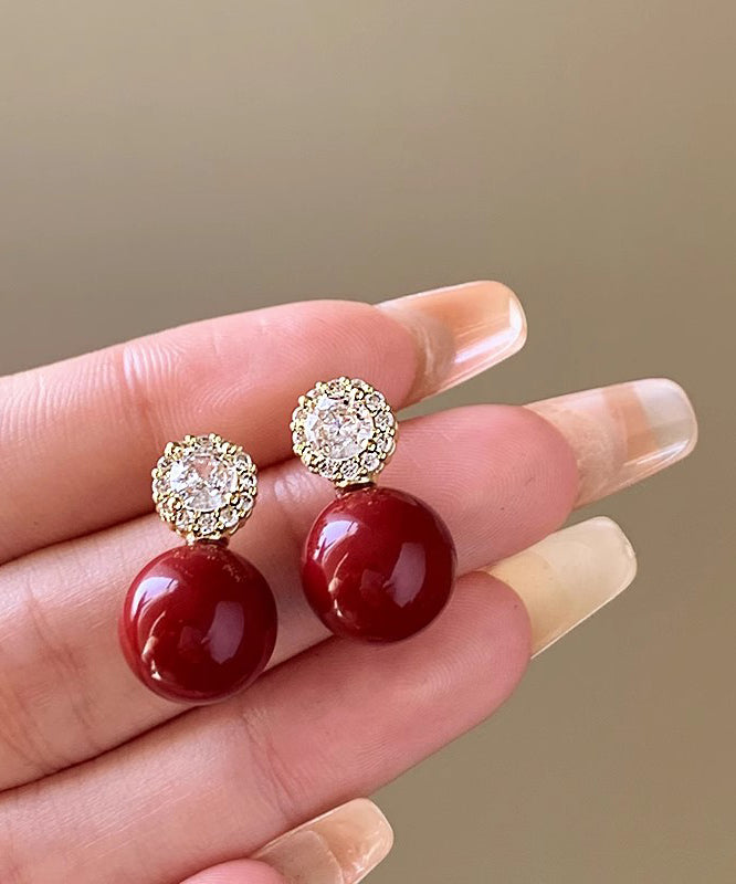 Original Red Copper Alloy Zircon Pearl Stud Earrings ET027