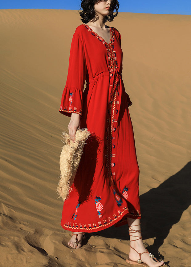 Dresses Long Waist Embroidered Red Tie Cotton Fall Original