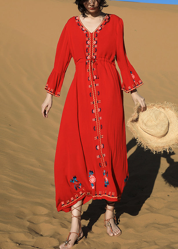 Dresses Long Waist Embroidered Red Tie Cotton Fall Original