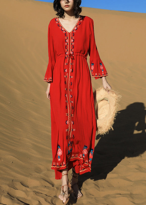 Dresses Long Waist Embroidered Red Tie Cotton Fall Original
