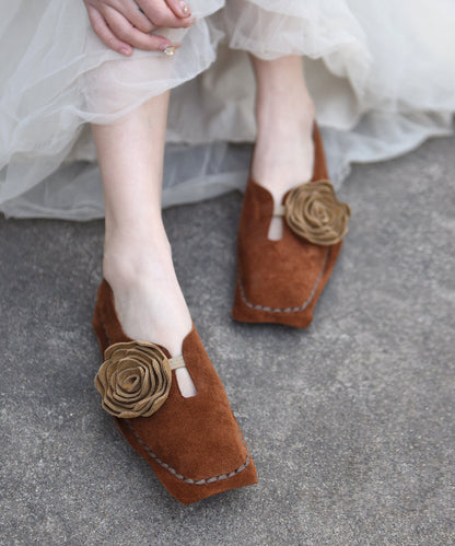 Retro Shoes Suede Apricot Flat Flower Square Original Toe