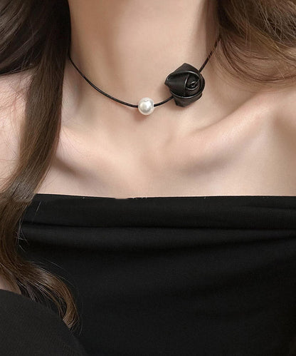 Original Silk Stainless Steel PU Pearl Rose Pendant Necklace YA028