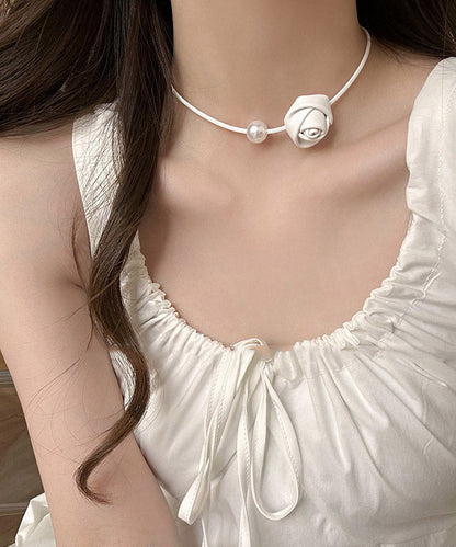 Original Silk Stainless Steel PU Pearl Rose Pendant Necklace YA028