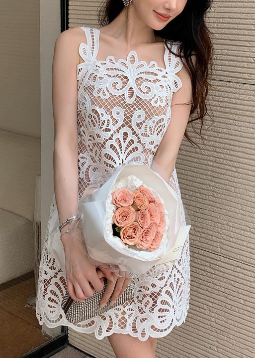 White Dress Out Sleeveless Original Mid Hollow Lace