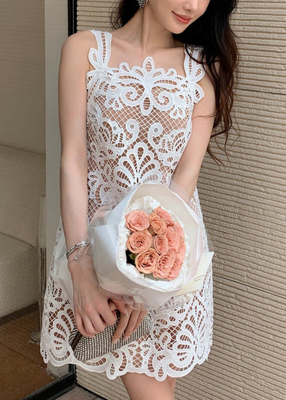 White Dress Out Sleeveless Original Mid Hollow Lace