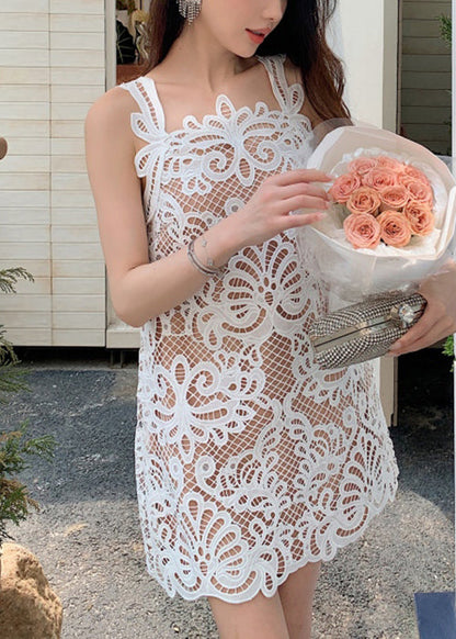 White Dress Out Sleeveless Original Mid Hollow Lace