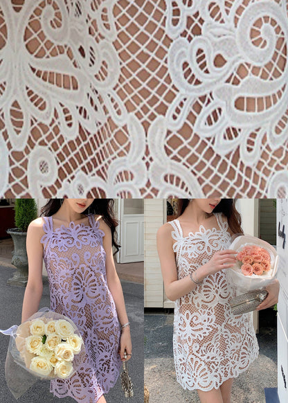 White Dress Out Sleeveless Original Mid Hollow Lace