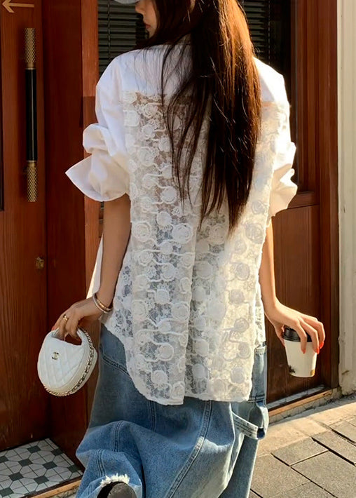 Collar Button Patchwork Peter Original Lace White Shirt Pan