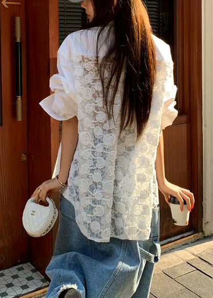 Collar Button Patchwork Peter Original Lace White Shirt Pan