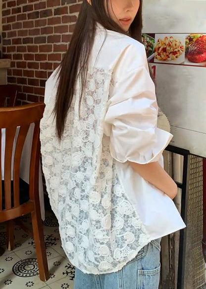 Collar Button Patchwork Peter Original Lace White Shirt Pan