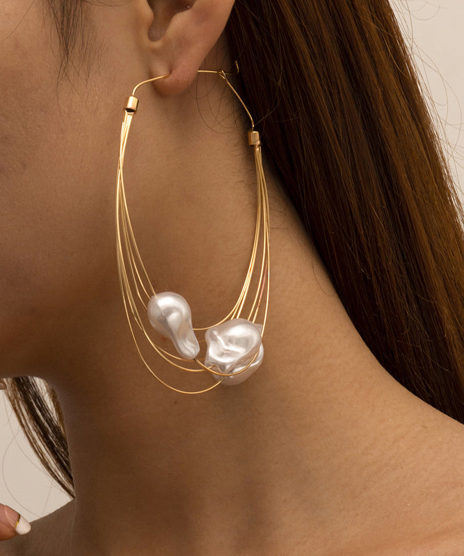 Oversize Gold Multiple Layers Metal Pearl Hoop Earrings ZZ008