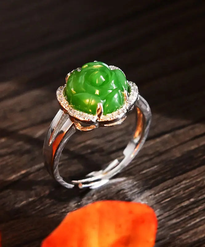 Oversize Green Sterling Silver Jade Zircon Floral Rings Ada Fashion