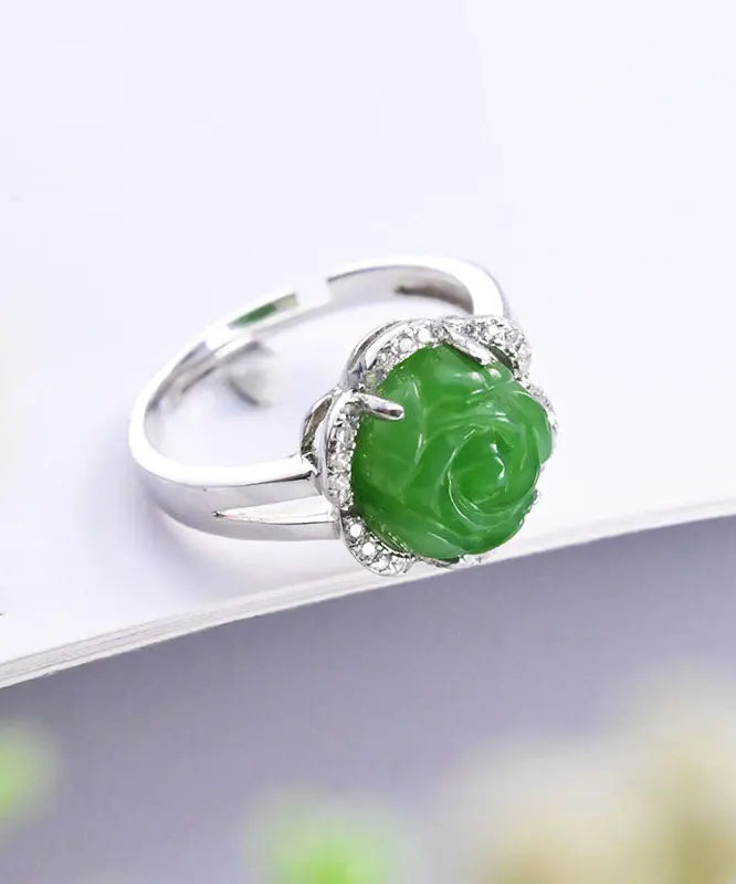 Oversize Green Sterling Silver Jade Zircon Floral Rings Ada Fashion