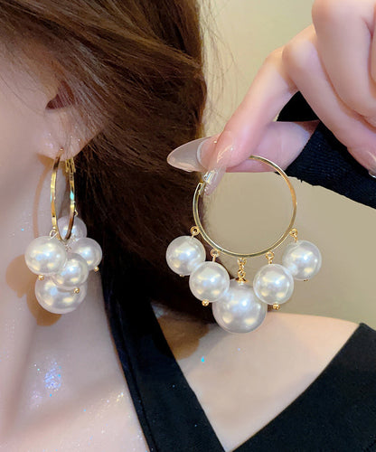 Oversize White Metal Alloy Pearl Hoop Earrings TX004