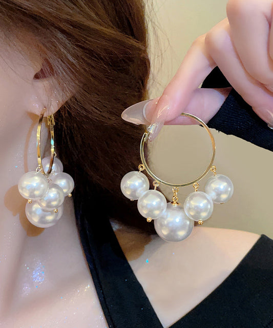 Oversize White Metal Alloy Pearl Hoop Earrings TX004