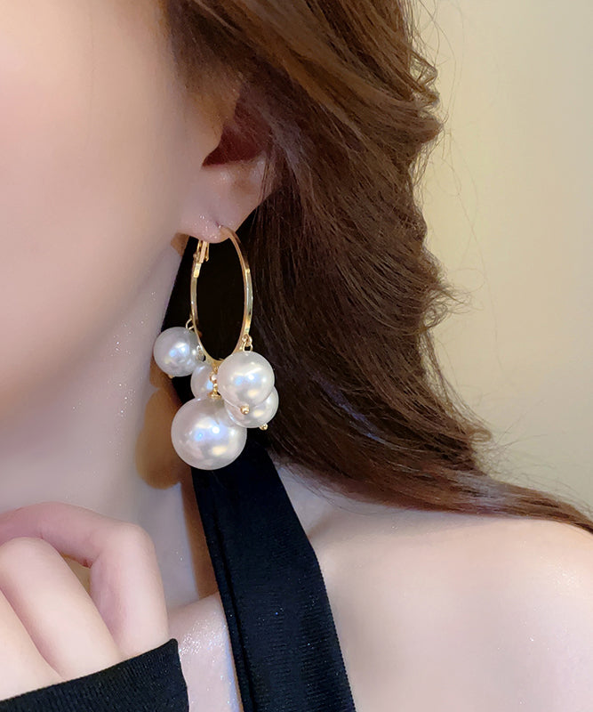 Oversize White Metal Alloy Pearl Hoop Earrings TX004