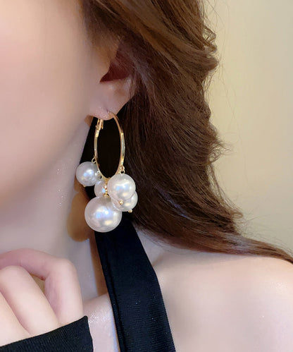 Oversize White Metal Alloy Pearl Hoop Earrings TX004