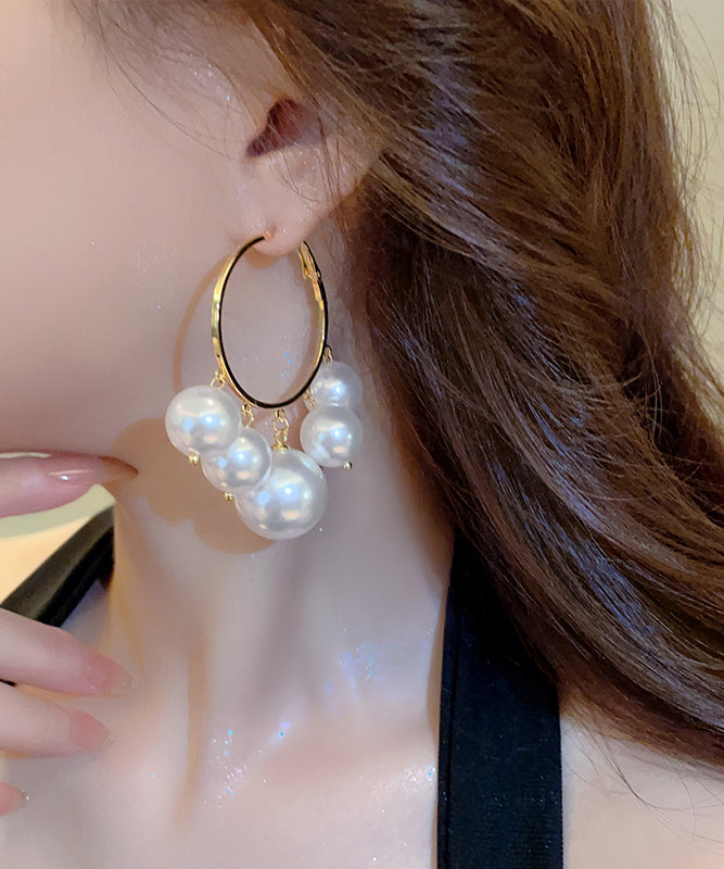 Oversize White Metal Alloy Pearl Hoop Earrings TX004