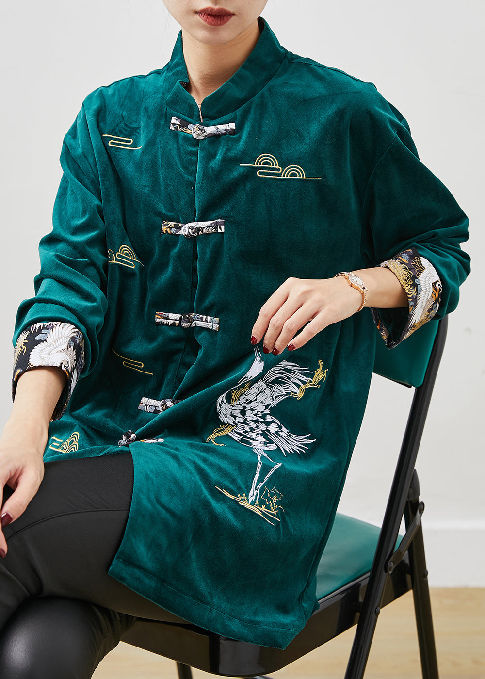 Peacock Green Velour Shirts Embroidered Chinese Button Spring YU1059