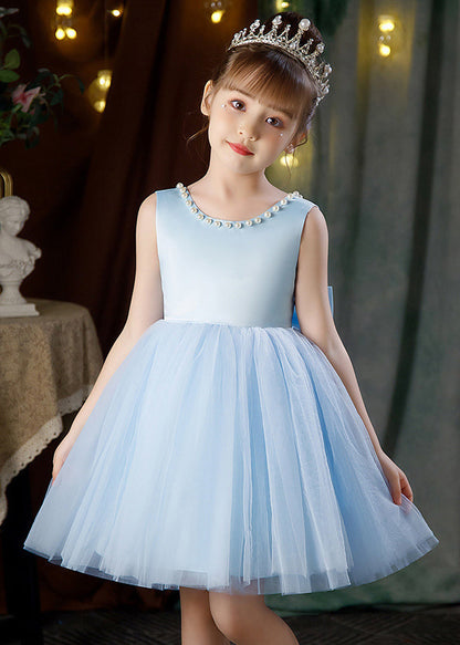 Pink Bow Pearl Patchwork Tulle Girls Dresses Backless Summer TT029