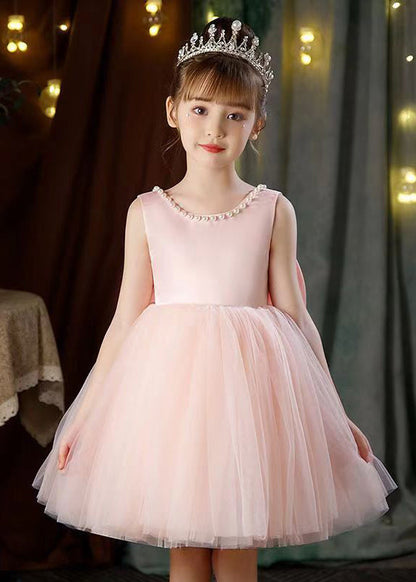 Pink Bow Pearl Patchwork Tulle Girls Dresses Backless Summer TT029