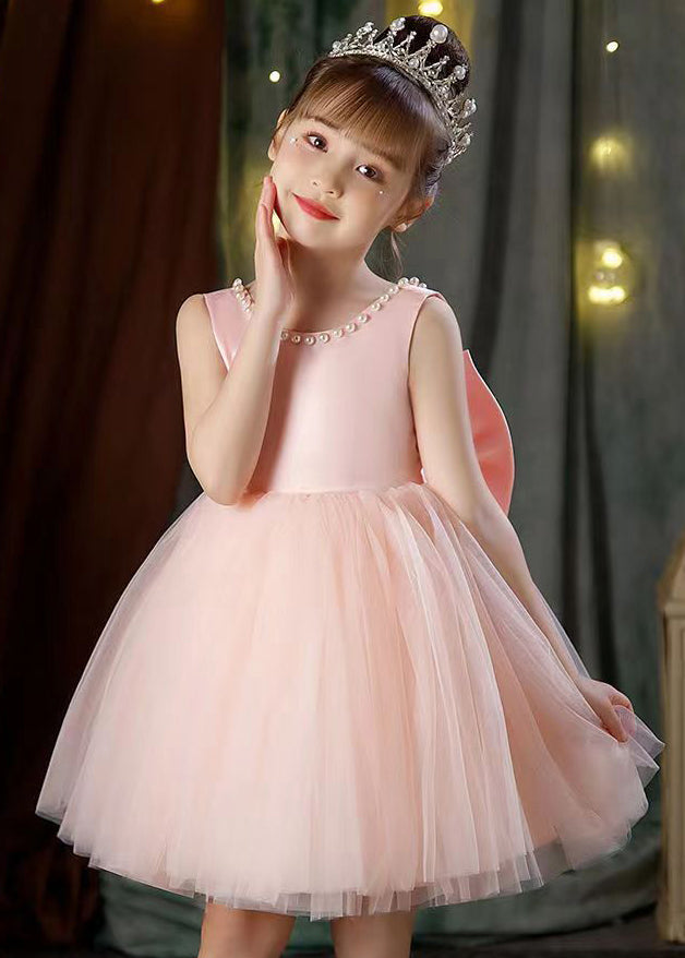 Pink Bow Pearl Patchwork Tulle Girls Dresses Backless Summer TT029