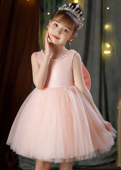 Pink Bow Pearl Patchwork Tulle Girls Dresses Backless Summer TT029