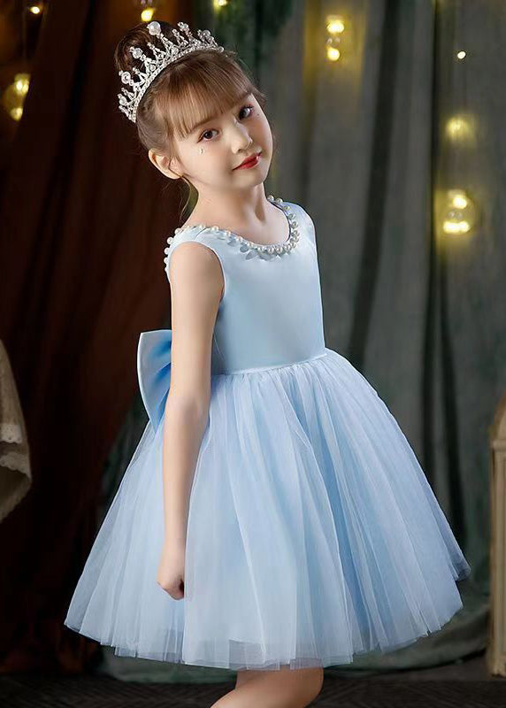 Pink Bow Pearl Patchwork Tulle Girls Dresses Backless Summer TT029